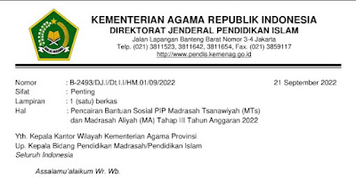 Surat Edaran Pencairan Bantuan Sosial PIP Madrasah Tsanawiyah (MTs) dan Madrasah Aliyah (MA) Tahap III Tahun Anggaran 2022