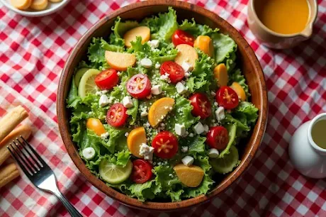 Copycat Olive Garden Salad with tomatoes, olives, and croutons in a wooden bowl