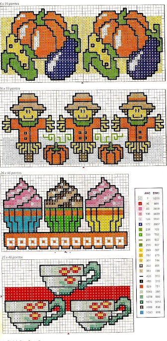 schemi per bordure da ricamare a punto croce, zucche e spaventapasseri