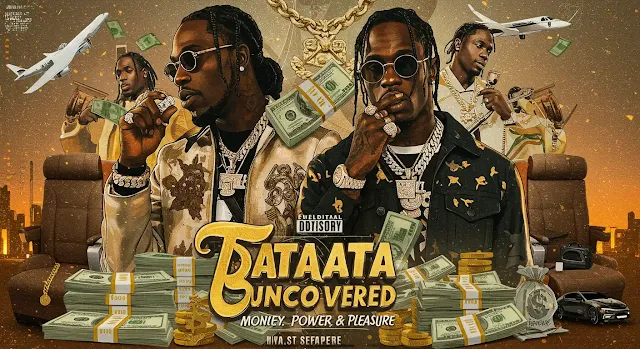 featuring Burna Boy and Travis Scott stylized in a dynamic pose, surrounded by symbols of money, power, and luxury.