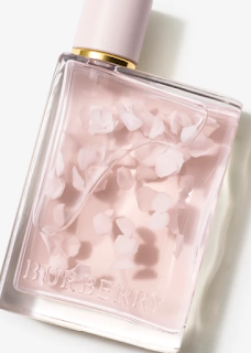 Close-up of Burberry Her Eau de Parfum Petals Limited Edition bottle, showcasing its elegant, slender design and soft petal pink color. The perfume bottle features a clear glass body with a metallic silver cap, set against a pastel backdrop.