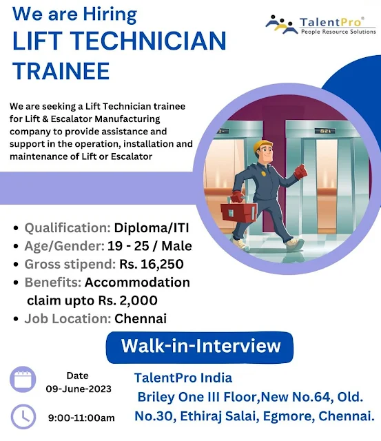 ITI and Diploma Jobs Opening in Lift & Escalator Manufacturing Company | Walk-In-Interview at Chennai