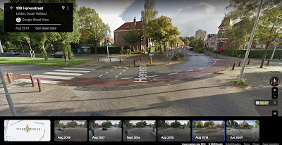 A Google Streetview image of the junction as it was with the main drag coming from the left and then going into the distance with edge cycle lanes and zebra crossings of the main roads.