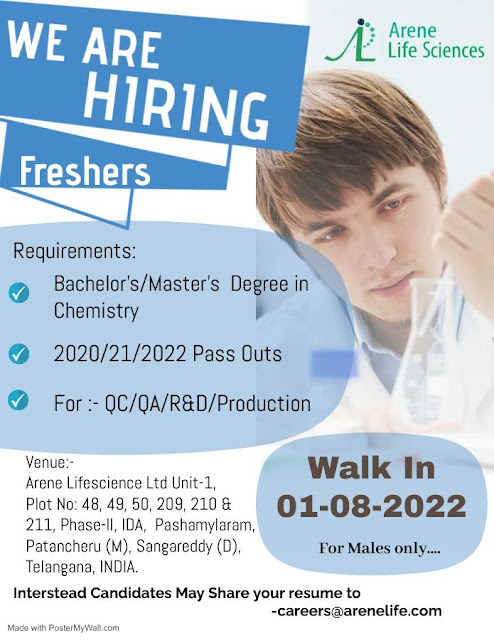 Job Availables, Arene Lifesciences Limited – Walk-In Interviews for Freshers in QA / QC / R&D / Production