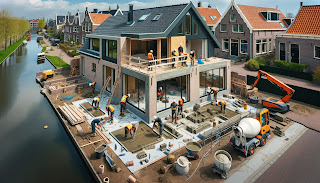 vakmannen bezig met aanbouw project