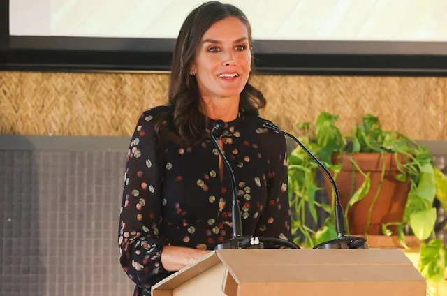 Queen Letizia wore a confetti print midi shirt dress by Massimo Dutti. Gold and Roses shewel triple hoops. Magrit pumps