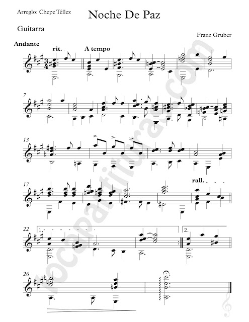 Partitura de Noche de Paz para Guitarra Clásica Arreglo por Chepe Téllez Silent Night Sheet Music for Guitar