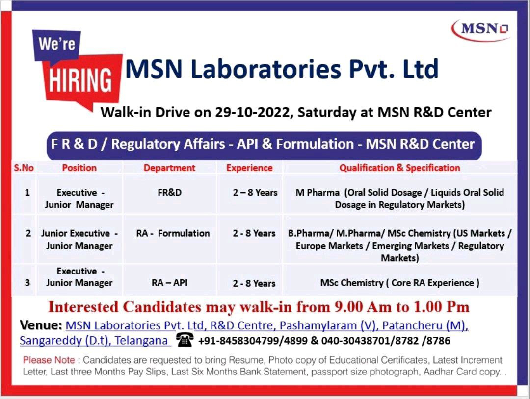 Job Availables for MSN Laboratories Pvt Ltd Walk-In Interview for B Pharm/ M Pharm/ MSc Chemistry