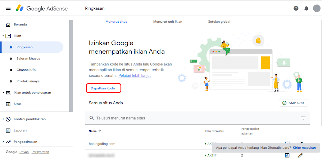 Menyalin Kode Iklan Otomatis AdSense