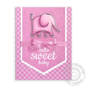 Sunny Studio Blog: Hello Sweet Baby Girl Polka-dot Elephant Handmade Card (using Savanna Safari & Sweet Shoppe Stamps, Fishtail Banner Dies I & 2, Gingham Pastels & Flirty Flowers Paper)