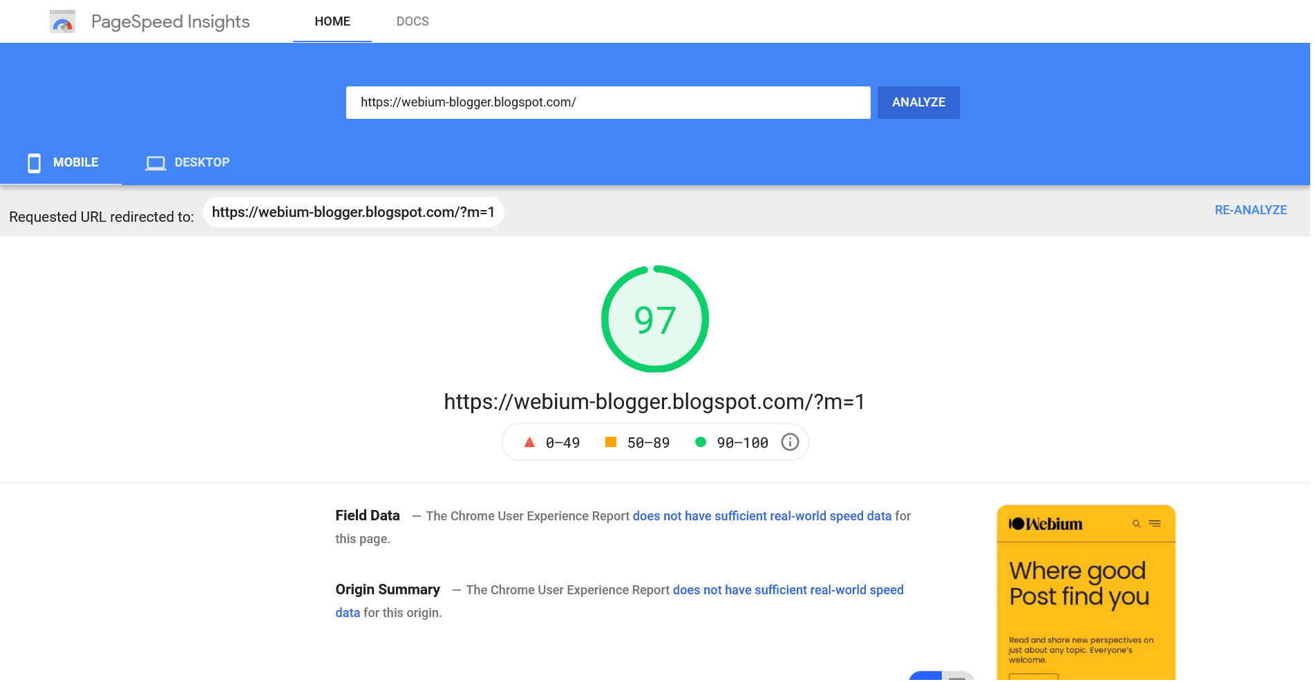 Score PageSpeed Insight dengan URL Desktop (tanpa akhiran ?m=1) untuk halaman utama (Homepage)