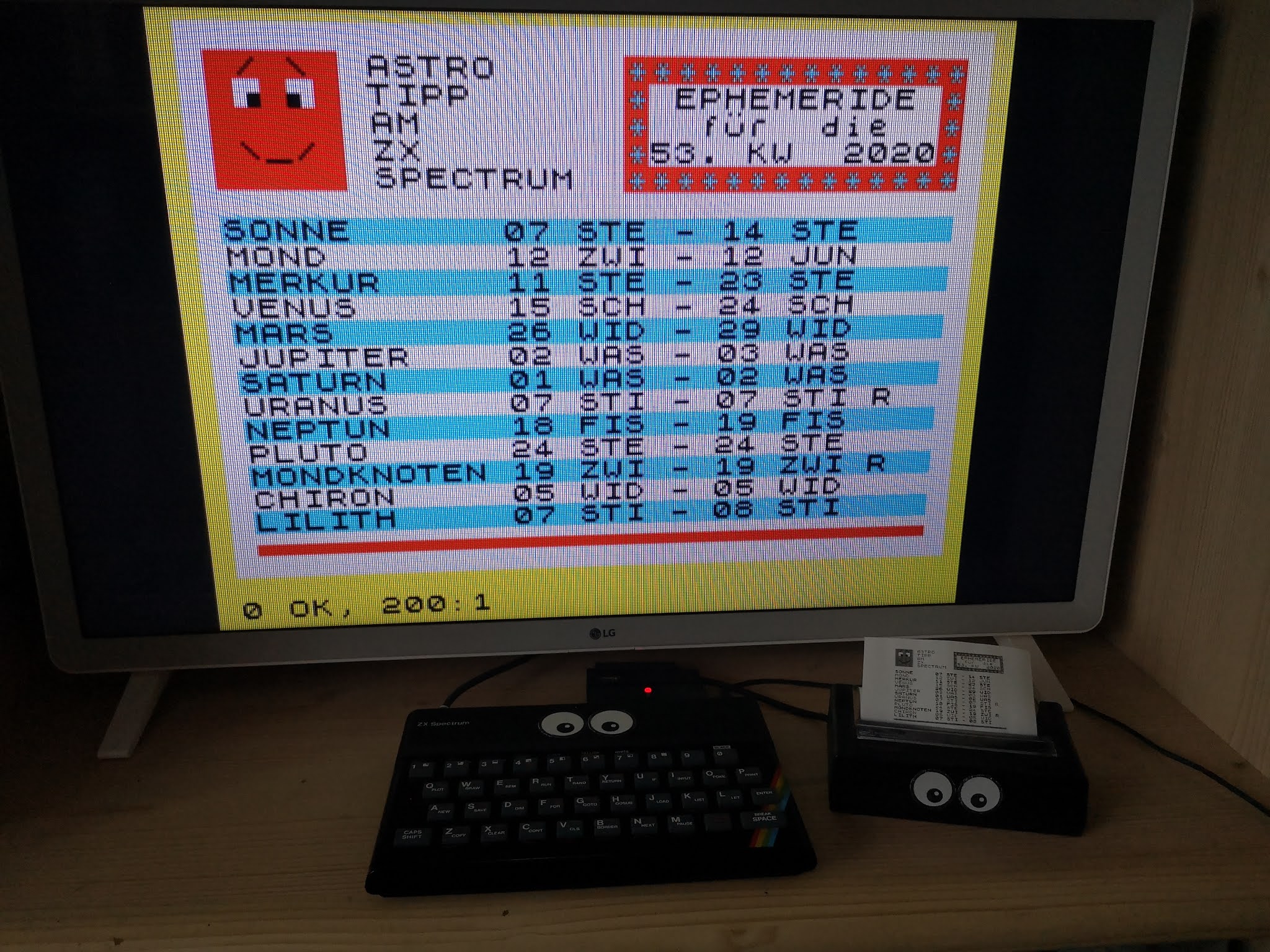 Planetenstände für diese Kalenderwoche am ZX Spectrum und ZX Printer