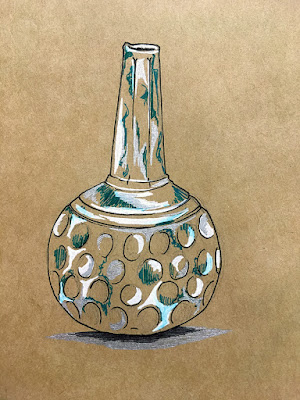 A vertical pen drawing on medium-brown paper or a round-bellied bottle with a tall, hexagonal neck, outlined in black, with teal, white, and silver round facets on the belly, and accents on the faces of the neck.