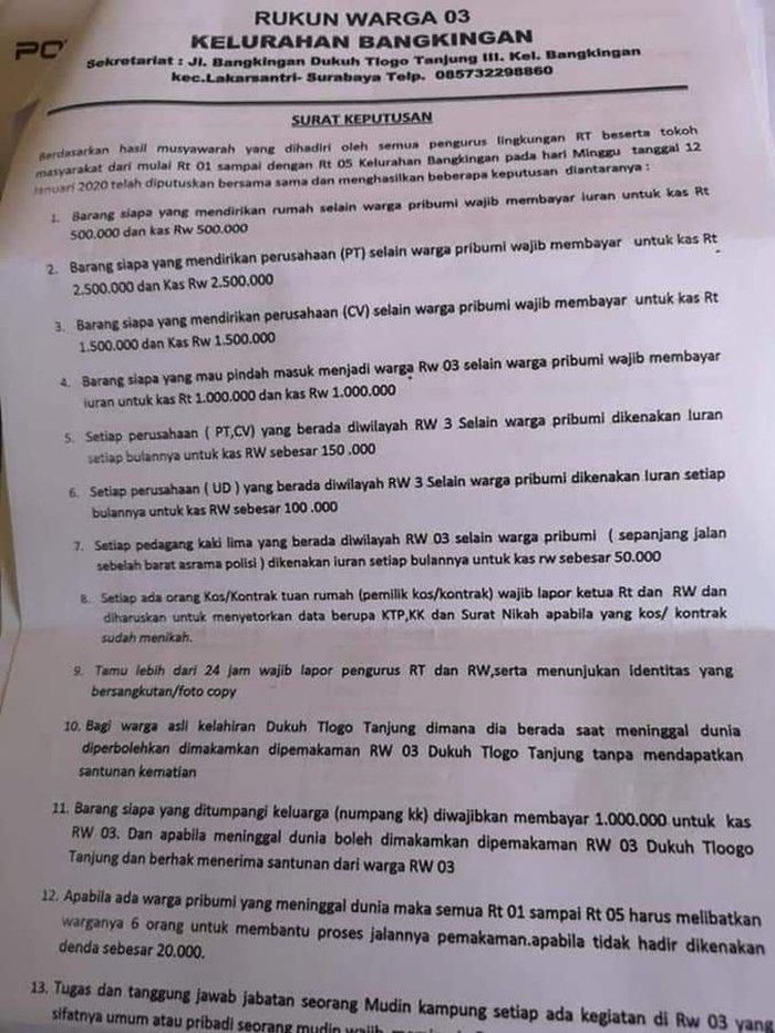 Viral, Surat Edaran RW di Surabaya Menarik Iuran Dua Kali Lipat untuk Nonpribumi