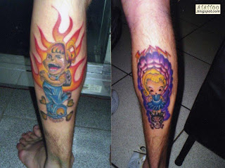 Menino e menina New School tatuados na perna.
