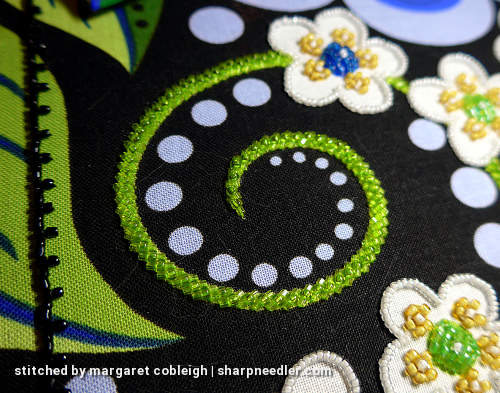 First green tendril completed with beautiful beading. (Wild Child Japanese Bead Embroidery by Mary Alice Sinton)