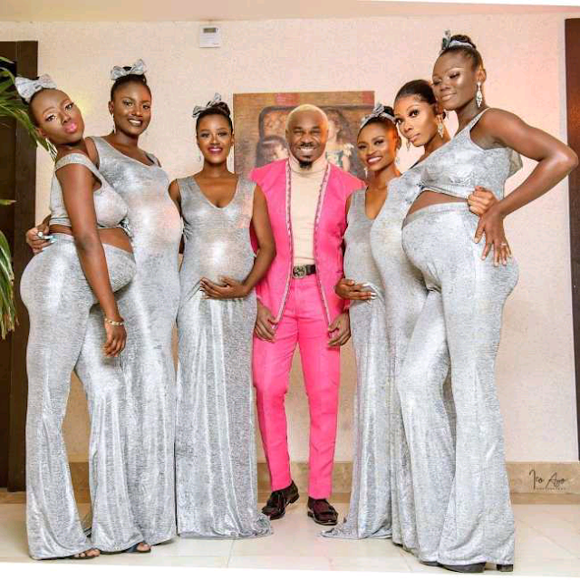 Nigerian socialite and businessman, Pretty Mike with his six wives trending photo