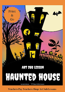 Haunted House drawing for elementary art lesson at Halloween