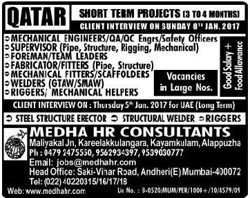 Qatar short term Projects Job Vacancies good salary food allowance