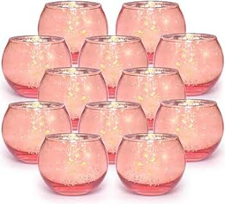 Round Rose Gold Votive Candle Holders, Mercury Glass Tealight Candle Holder Set of 12