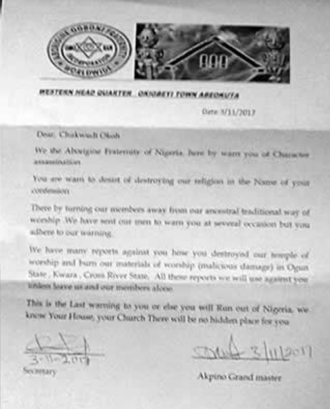 ogboni death threat letter lagos Pastor 