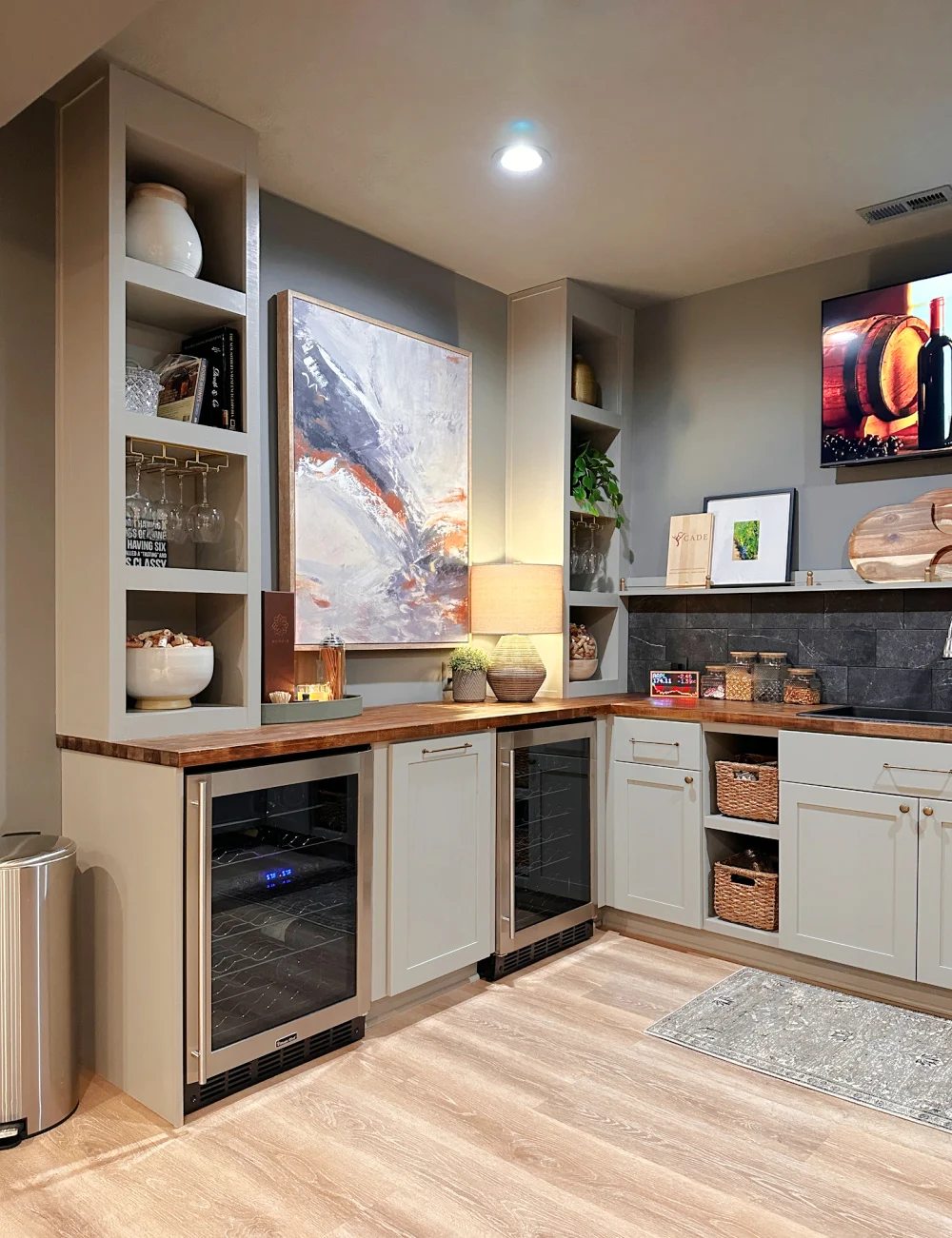 thin bookcases on top of countertops