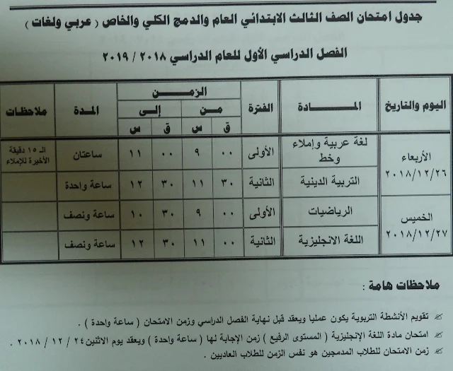 الشهادة الابتدائية :جداول امتحانات محافظة مطروح 2018-2019 (التعليم الابتدائى) الفصل الدراسى الأول