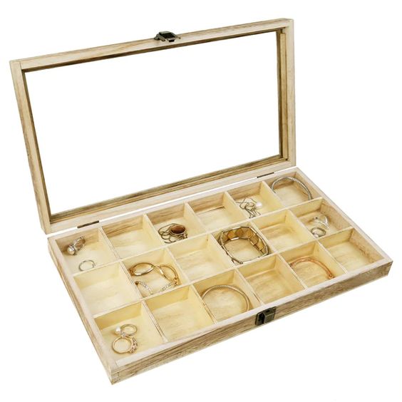 #WD63OK Wooden Display Storage Case with Tempered Glass Lid for Jewelry and Beads with 18 Compartments Tray, Oak Color