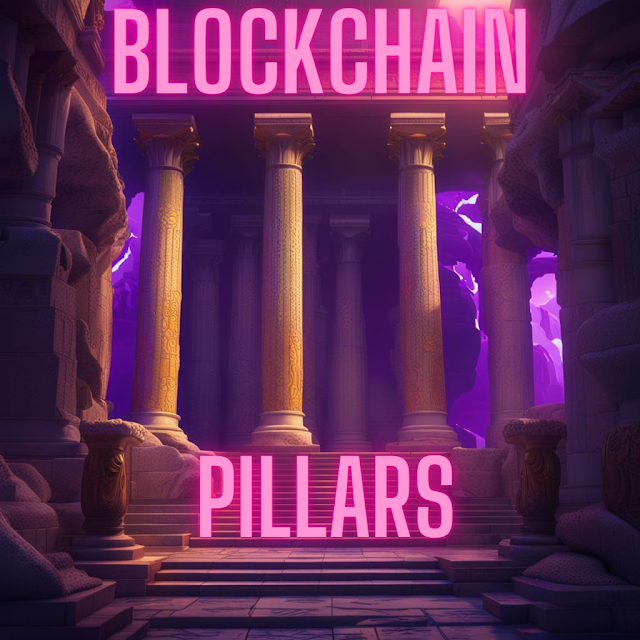 There are pillars in ancient Greek style in the picture with "Blockchain pillars" written above and under them