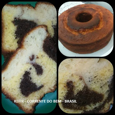 BOLO DE IOGURTE DE KEFIR TRÊS SABORES (FUBÁ, CACAU E NATURAL DE IOGURTE)