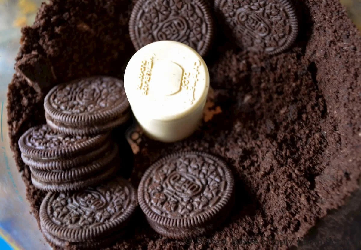 Oreo Cookies in a food processor.