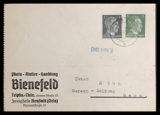 Front of postcard from Bienefeld photography studio in Germany featuring business stationery.