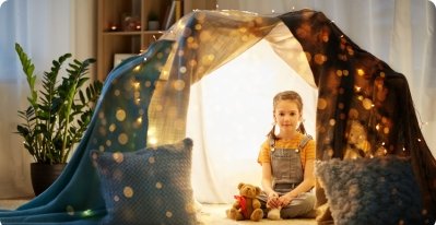 A girl sits inside a cozy blanket fort illuminated by string lights, accompanied by her teddy bear.