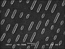 La surface d'un CD photographiée au microscope électronique à 8500x. On distingue parfaitement la série d'alvéoles ou creux.