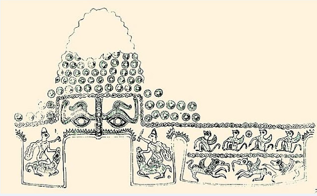 Археологический набросок мифологических сцен на Золотом шлеме Котофенешть 1930-х годов.