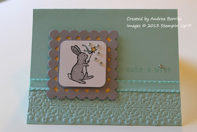 Pale blue card with image of a bunny holding a magic wand, a few rhinestones and the greeting "make a wish."