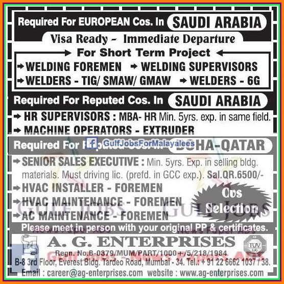 European Company job vacancies for KSA & Qatar