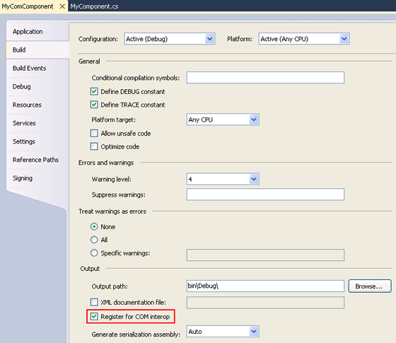 Project properties build tab showing the Register for COM interop option checked.