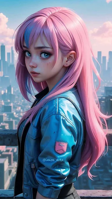 Close up of Portrait of a Beautiful Girl Pink Hair with Blue Eyes, AI Image Art