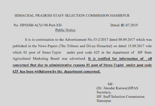 HPPSC withdraw of post of Steno Typist Post code-625 