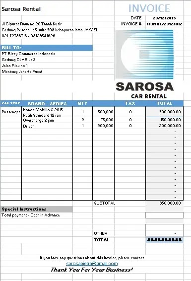 Download contoh invoice rental mobil Excel