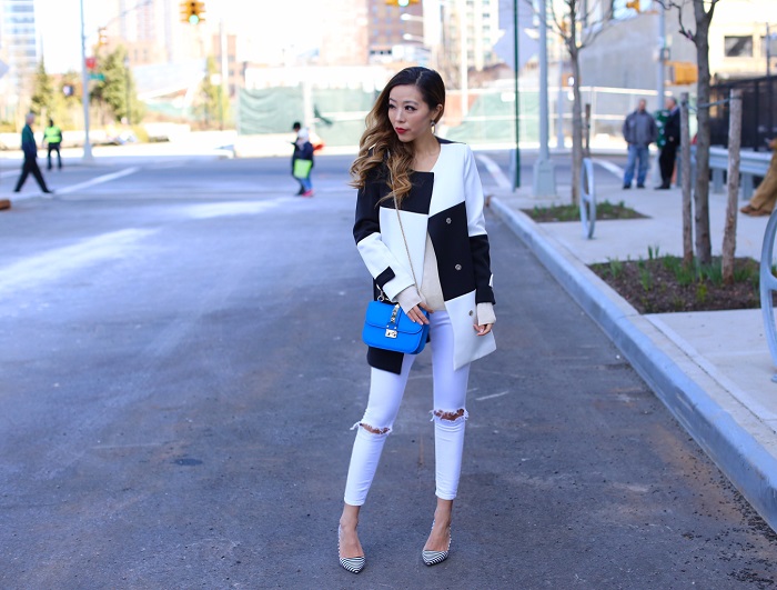 Shein black and white color block coat, asos jeans, as seen on me, valentino lock bag, alice and olivia pumps, spring outfit, nyc street style, nyc fashion blog