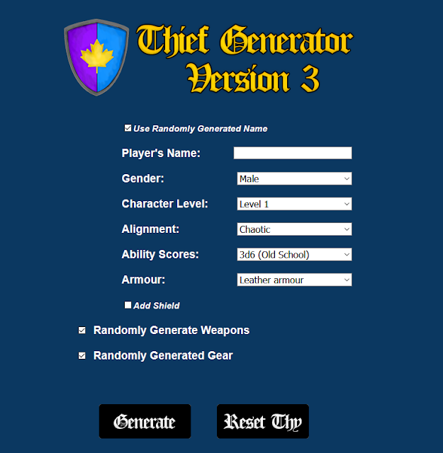 Dungeon Crawl Classics Thief Character Generator Version 3