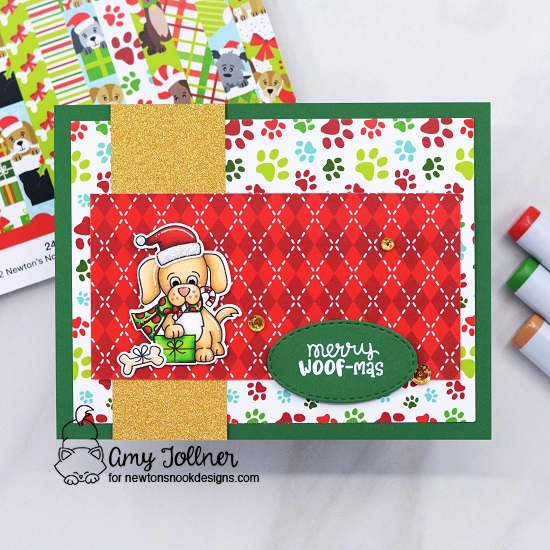 Merry Woof-mas by Amy features Christmas Puppies, Oval Christmas, and Oval Frames by Newton's Nook Designs; #inkypaws, #newtonsnook, #puppycards, #cardmaking, #cardchallenge, #christmascards, #holidaycards