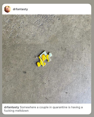 Screenshot of an Instagram post. It is a photo of a puzzle piece on concrete. The caption says, "Somewhere a couple in quaranting is having a fucking meltdown."