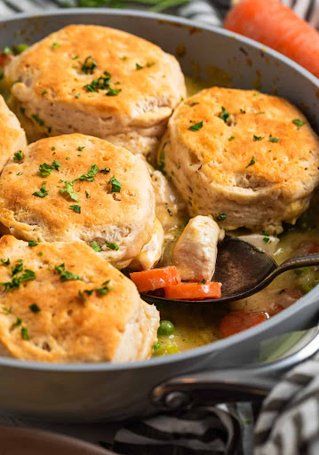 Simple Chicken and Biscuits Skillet in a skillet.