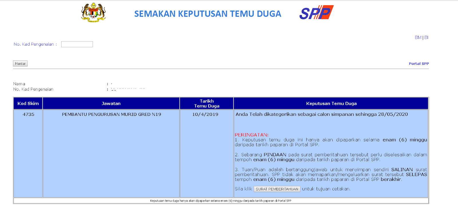 Keputusan Temuduga Pembantu Pengurusan Murid N19 2019