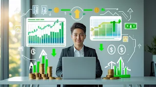 A young professional sitting at a modern home office desk with a laptop displaying financial graphs and charts. Surrounding them are symbols of passive income, such as real estate, stock charts, and digital products like eBooks. The background features natural light and a minimalist design, creating a calm and motivating atmosphere. The image uses green, blue, and gold colors to represent growth, trust, and wealth, conveying a sense of empowerment and financial success