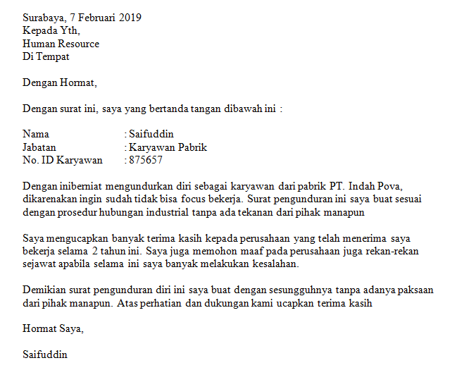 Contoh Surat Berhenti Kerja Dalam Bahasa Inggeris