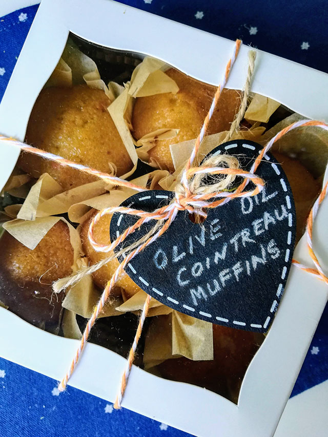 Orange Olive Oil Muffins, Olive oil cointreau muffins, Italian olive oil muffins, Cookie box with window, chalkboard heart,